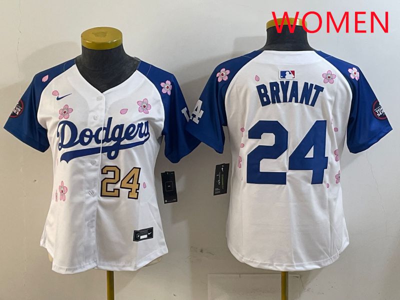 Women Los Angeles Dodgers #24 Bryant White Blue Sakura Edition 2025 Nike MLB Jersey style 13->youth mlb jersey->Youth Jersey